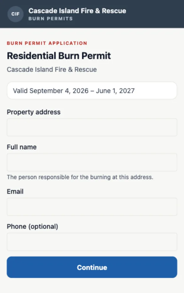 A phone showing a residential burn permit application: the dates it would be valid, then fields for property address, full name, email, and an optional phone number.