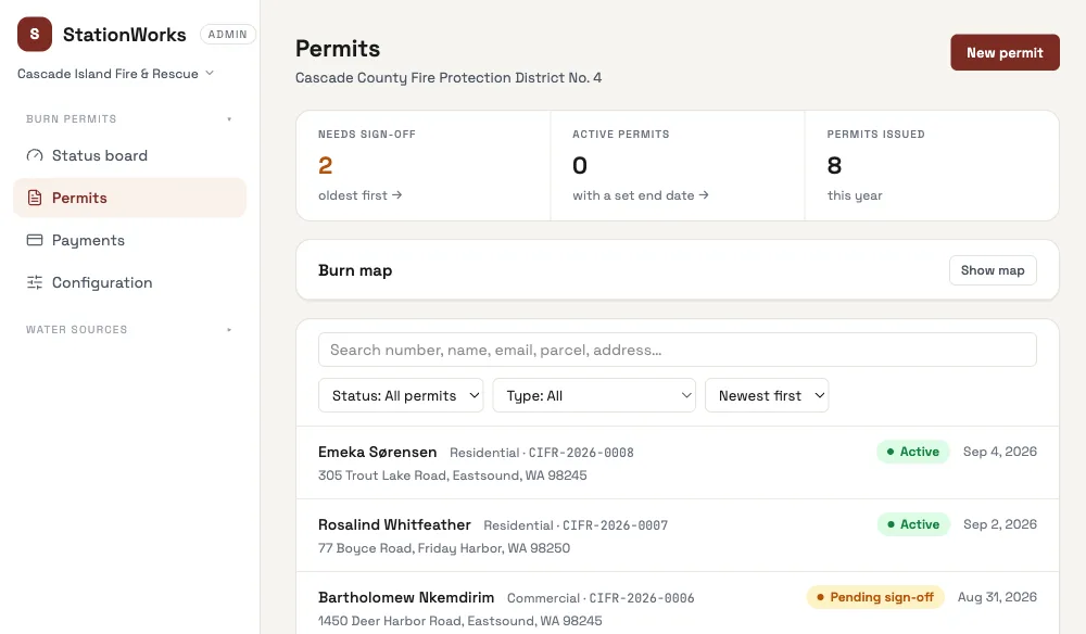 A district's permit board on a desktop: counts of permits needing sign-off, active, and issued this year, a burn map, and a searchable list of permits.